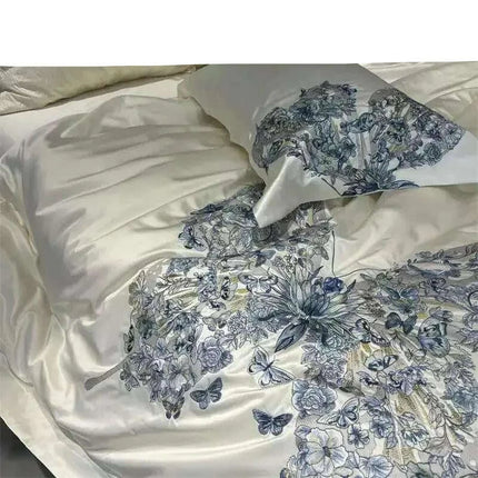 Luxurious Butterfly Embroidery Satin Silk Cotton Bedding Set - Silky Brocade Duvet Cover, Bed Sheet & Pillowcases (4 Piece Collection)