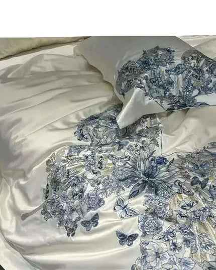 Luxurious Butterfly Embroidery Satin Silk Cotton Bedding Set - Silky Brocade Duvet Cover, Bed Sheet & Pillowcases (4 Piece Collection)