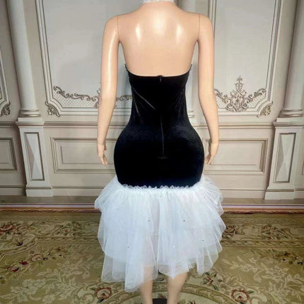 Elegant Black Velour Backless Halter Dress with Sparkling Crystal Details