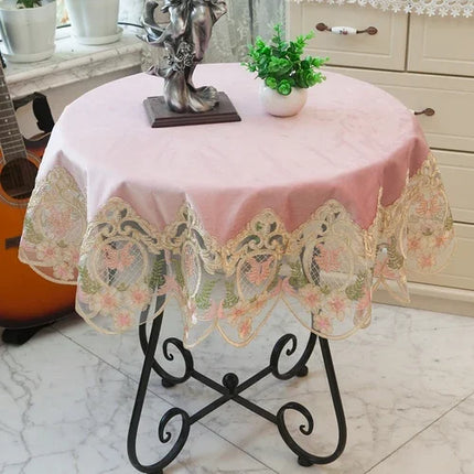 Embroidered Lace Round Tablecloth — Pastoral Rose Gold Table Linen