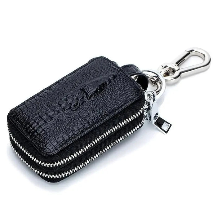 Premium Genuine Leather Car Key Holder with Dual Zippers - Remote Control Protector Cover