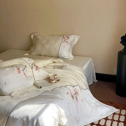 Luxurious Chinese Floral Embroidered Lyocell Cotton Silky Soft Bedding Ensemble with Duvet Cover, Flat/Fitted Sheets & Pillowcases