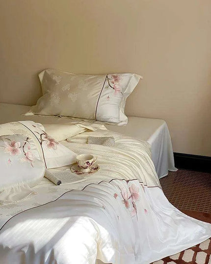 Luxurious Chinese Floral Embroidered Lyocell Cotton Silky Soft Bedding Ensemble with Duvet Cover, Flat/Fitted Sheets & Pillowcases