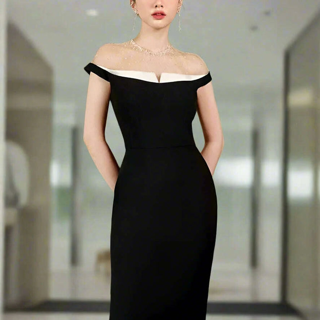 Backless Summer Party Dress with Contrast Color Patchwork and Pearl Accents