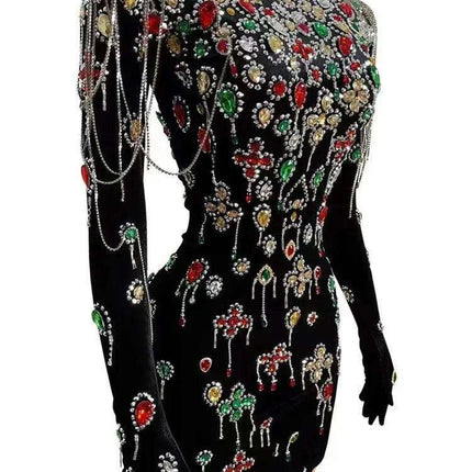 Elegant Black Velvet Evening Gown with Dazzling Crystal Details