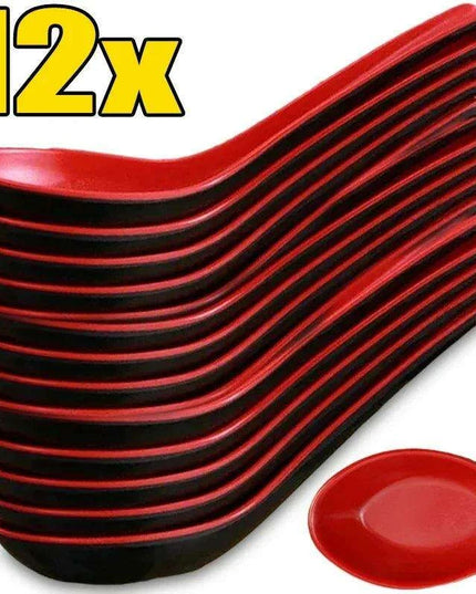 Sleek Anti-Shock Porcelain Spoon Set for Rice, Dumplings, and Porridge - Modern Kitchen Cutlery in Bold Red and Black