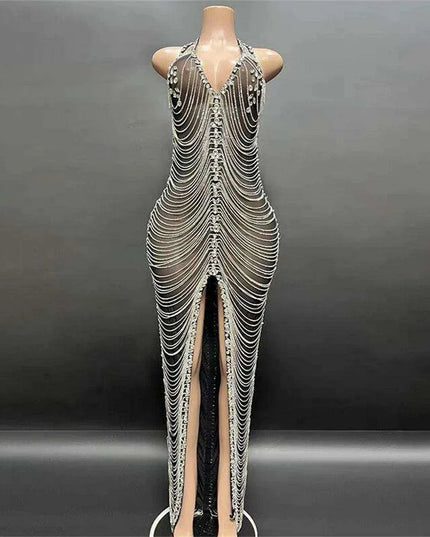 Radiant Night Halter Evening Dress with Sparkling Diamond Details