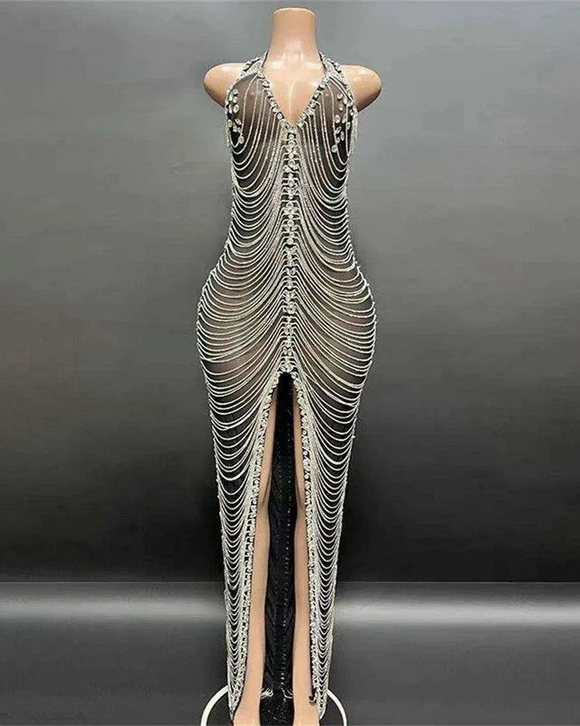 Radiant Night Halter Evening Dress with Sparkling Diamond Details