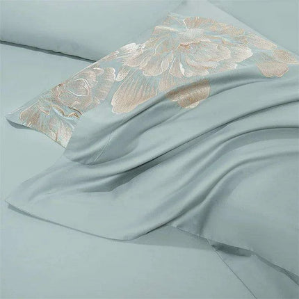 Elegant Floral Embroidered 1400TC Egyptian Cotton 4-Piece Duvet Cover and Sheet Set with Pillowcases