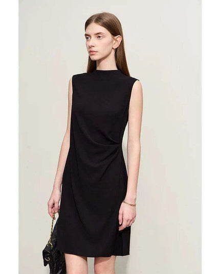 Chic Minimalist Sleeveless Black Dress for Women - Elegant Slim Fit with Modern Half-High Neck Design