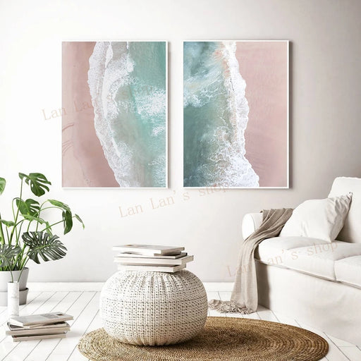 California Coastal Paradise Art Print with Pink Sand Beach and Palm Trees - Vibrant Wall Decor for Home
