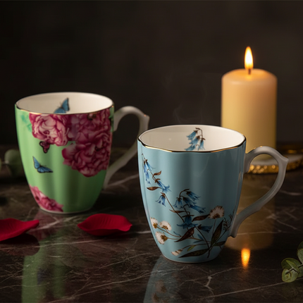 Fine Bone China Floral Mug with Gold Rim — 420ml Pastoral Design