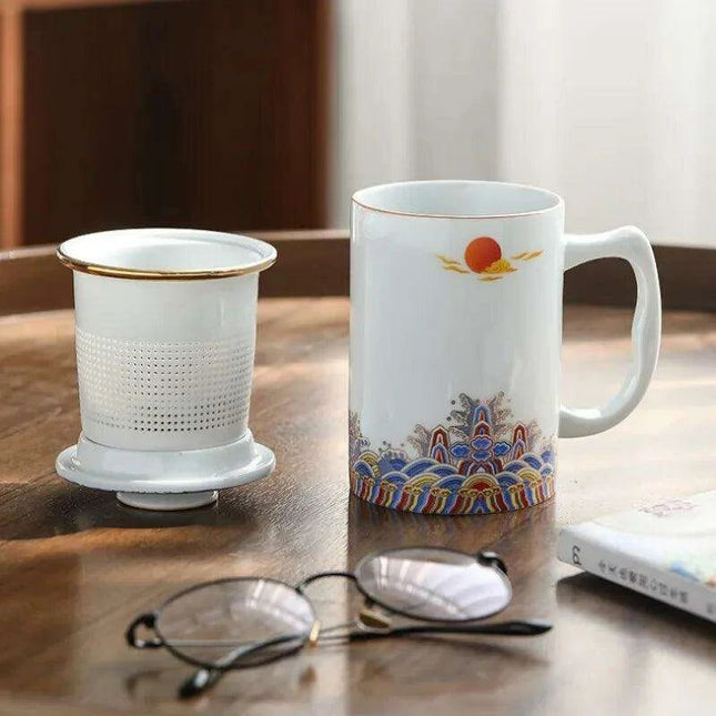 Elegant White Ceramic Tea Infuser Mug with Built-in Strainer and Lid for Ideal Tea Brewing Experience