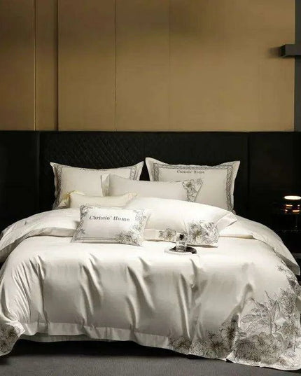 Elegant 1000TC Egyptian Cotton Floral Embroidery Bedding Ensemble with Duvet Cover, Flat Sheet, and Pillow Shams