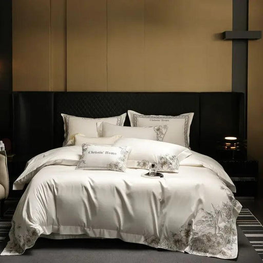 Elegant 1000TC Egyptian Cotton Floral Embroidery Bedding Ensemble with Duvet Cover, Flat Sheet, and Pillow Shams