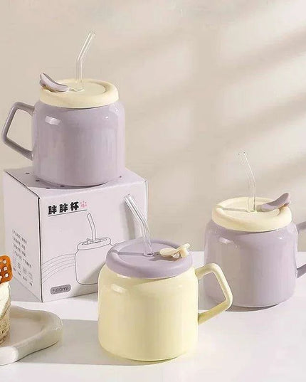 Charming Purple and Beige Ceramic Love Mug Set with Lid and Straw