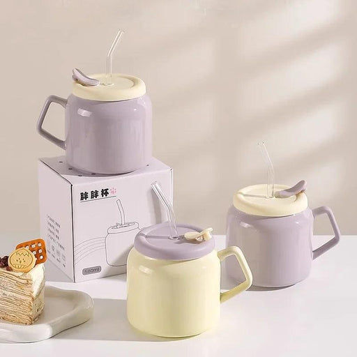 Charming Purple and Beige Ceramic Couple Mug with Lid and Straw