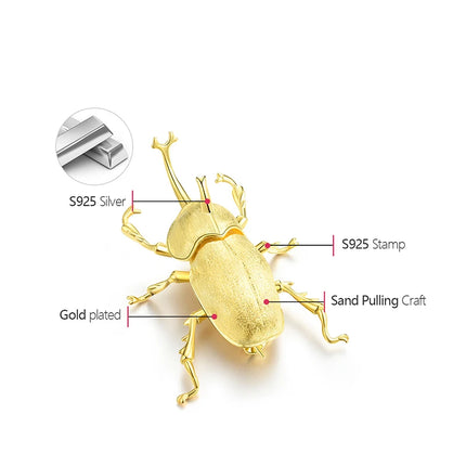 Lotus Fun 18K Gold Big Trypoxylus Dichotomus Brooch Pin, Sterling Silv
