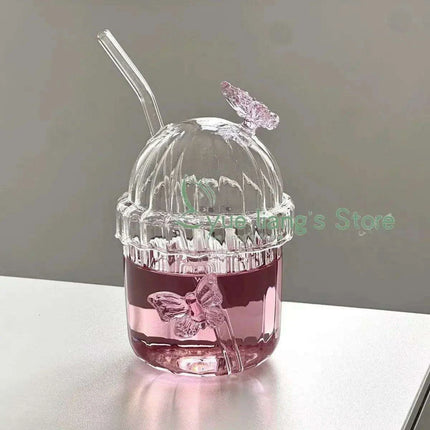 Elegant 3D Butterfly Round Glass Mug for Stylish Floral Drinks
