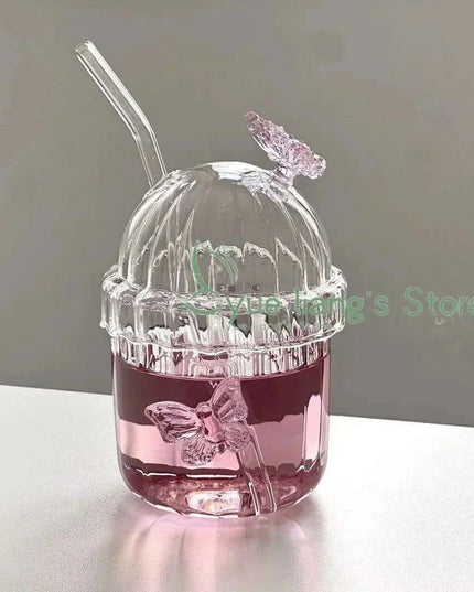 Elegant 3D Butterfly Round Glass Mug for Stylish Floral Drinks