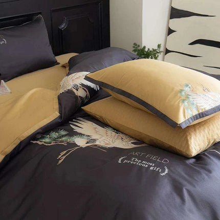 Exquisite Pine Crane Embroidered Luxury Egyptian Cotton Bedding Set with Duvet Cover and Sheets