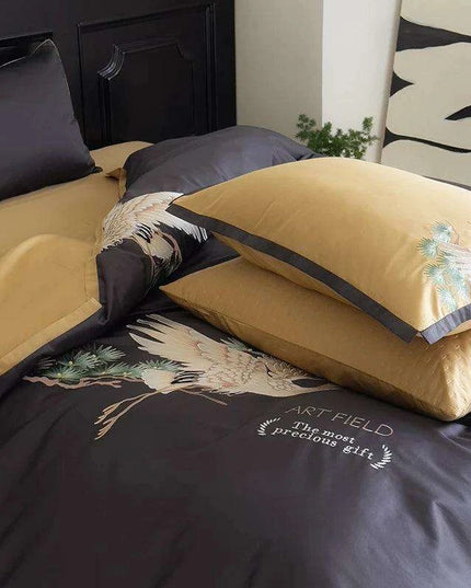 Exquisite Pine Crane Embroidered Luxury Egyptian Cotton Bedding Set with Duvet Cover and Sheets