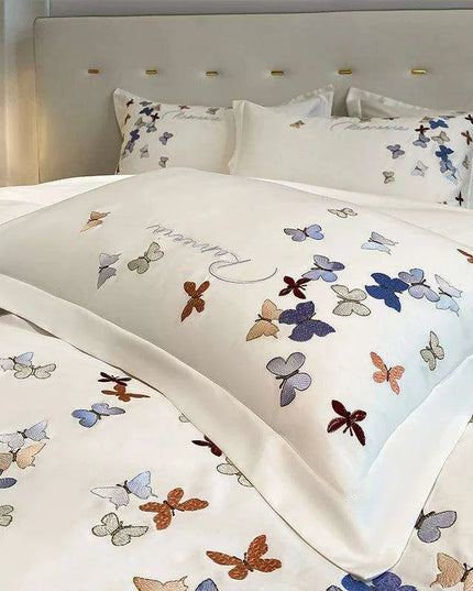 Exquisite 100% Egyptian Cotton Butterfly Embroidered Luxury Bedding Set with Duvet Cover, Sheets, and Pillowcases