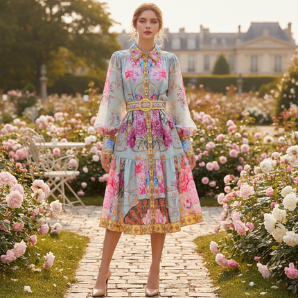 Vintage Palace Evening Dress — Sashes & Button Print