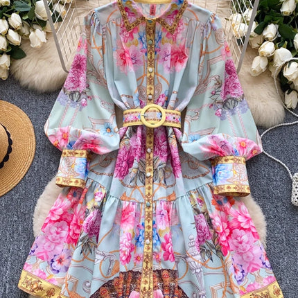 Vintage Palace Evening Dress — Sashes & Button Print