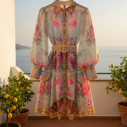 Vintage Palace Evening Dress with Sashes & Button Print