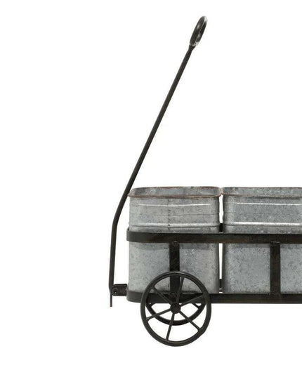 Charming 29" Rustic Wagon Planter with Galvanized Iron Pots