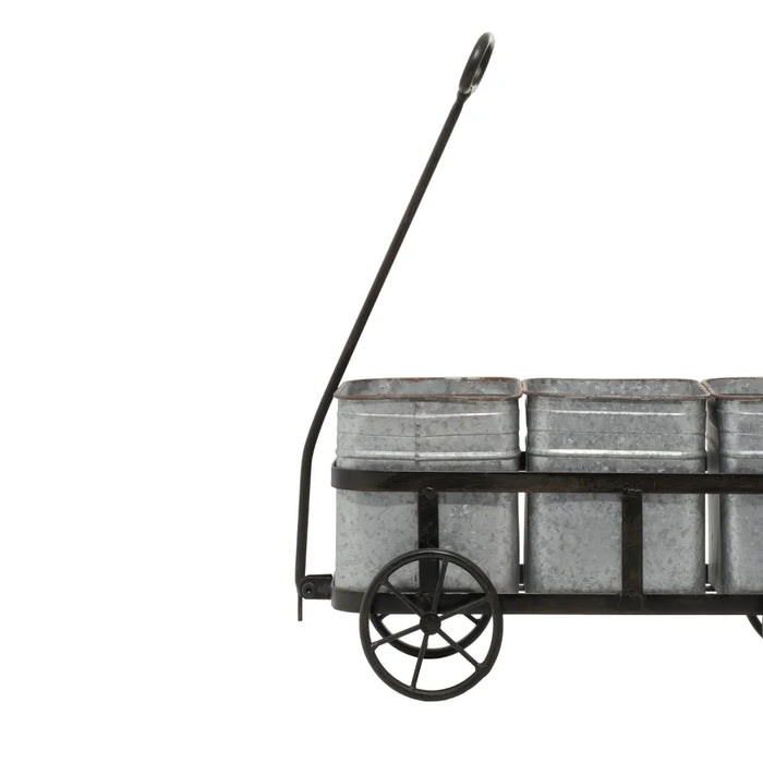 Rustic Farmhouse Wagon Planter with Galvanized Iron Pots - 29" x 16"