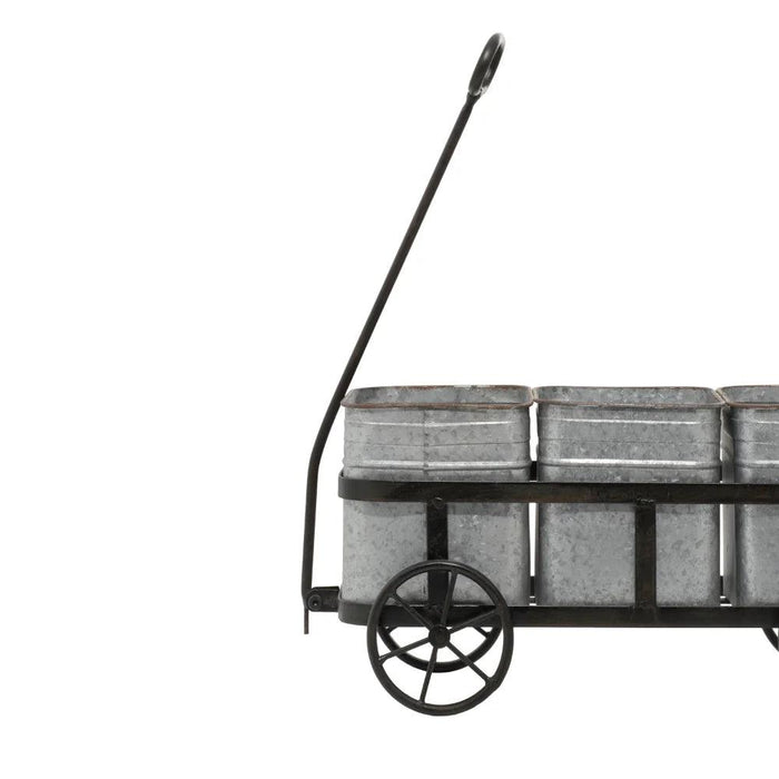 29" x 16" Rustic Farmhouse Style Planter Wagon with Galvanized Iron Pots