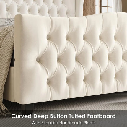 King Size 54.3" Tall Platform Bed Frame with Wingback Headboard, Velvet Upholstered, No Box Spring Needed, Beige king-size-54-3-tall-platform-bed-frame-with-wingback-headboard-velvet-upholstered-no-box-spring-needed-beige
