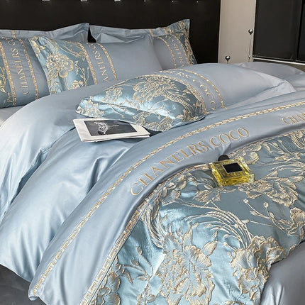 Decrohome Luxury Cotton Bedding Set - Embroidered Quilt Cover & Sheets