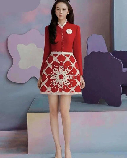 A-Line Evening Dress with 3D Floral Embellishments and Pearl Waist Detail