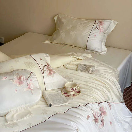 Luxurious Chinese Floral Embroidered Lyocell Cotton Silky Soft Bedding Ensemble with Duvet Cover, Flat/Fitted Sheets & Pillowcases
