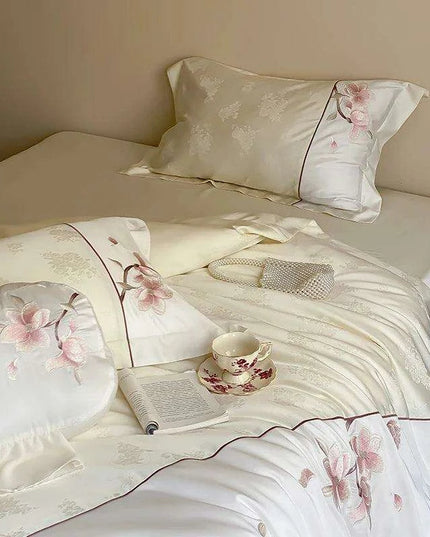 Luxurious Chinese Floral Embroidered Lyocell Cotton Silky Soft Bedding Ensemble with Duvet Cover, Flat/Fitted Sheets & Pillowcases