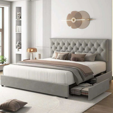 Elegant Queen Velvet Upholstered Bed Frame with Adjustable Headboard and Hidden Storage Drawers