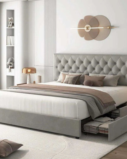 Elegant Queen Velvet Upholstered Bed Frame with Adjustable Headboard and Hidden Storage Drawers