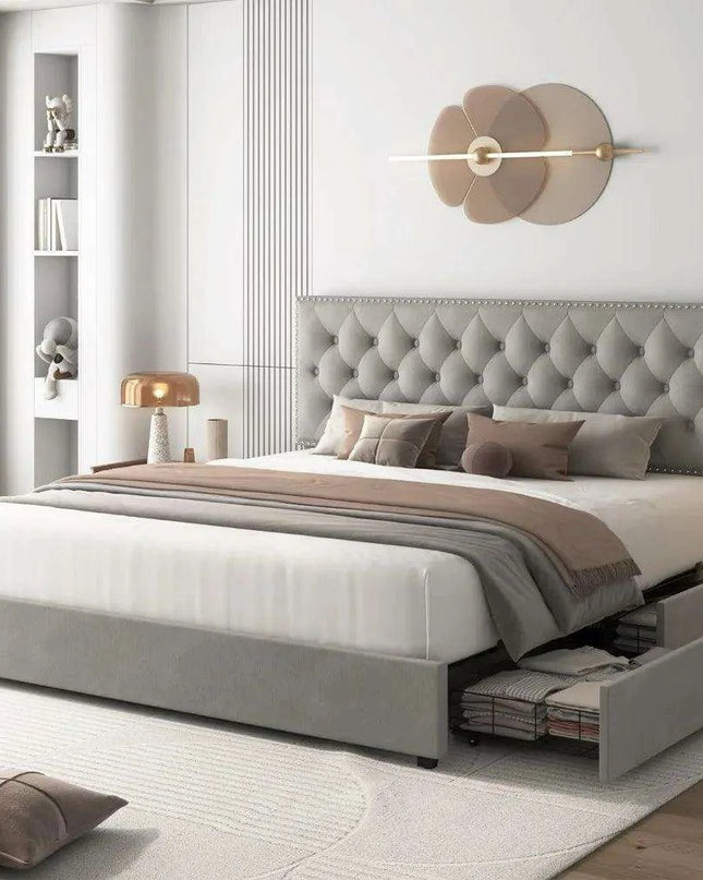 Elegant Queen Velvet Upholstered Bed Frame with Adjustable Headboard and Hidden Storage Drawers