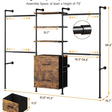 TideRise Wall Mounted Industrial Pipe Closet Organizer - 2 Drawers, 6
