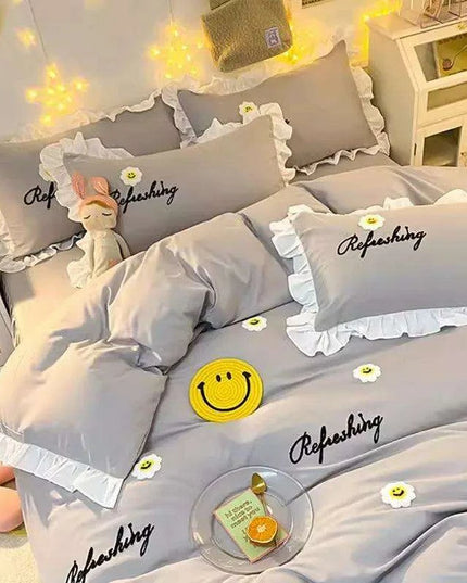 Korean Princess Ruffled Bedding Collection for Girls - Double Duvet Cover, Fitted Sheet, and Pillowcases in Multiple Sizes