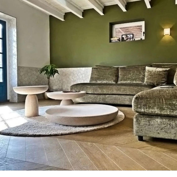 Sleek Grey Marble Nesting Coffee Table with Stylish Black Travertine Base for Contemporary Spaces