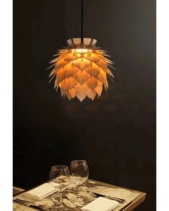 Lotus-Inspired Walnut Pendant Chandelier Light Fixture