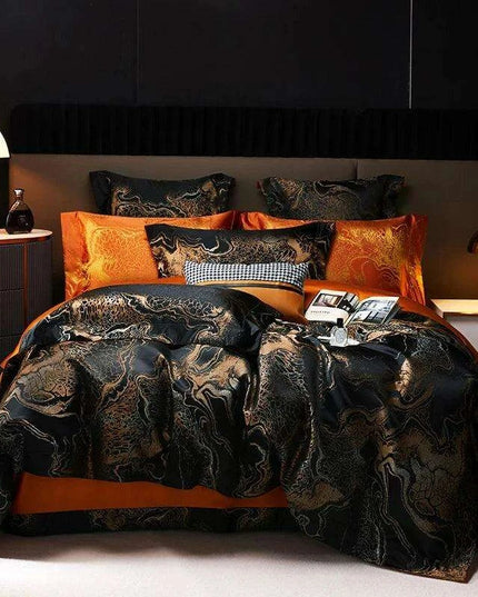 Luxurious Golden Jacquard Satin Bedding Set - 4-Piece Black Duvet & Egyptian Cotton Sheets