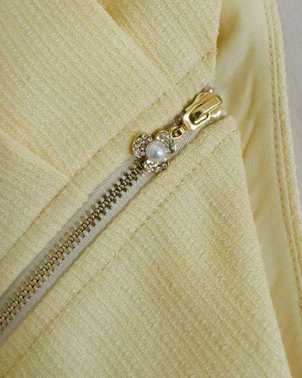 Asymmetrical Evening Dress with Diagonal Collar and Pleated Waist