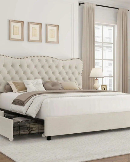 Beige Linen Storage Bed Frame with Padded Headboard & Wooden Slats