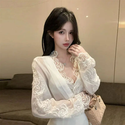 Spring Summer Sexy Vintage Lace Patchwork Solid Color Long Sleeve Blou