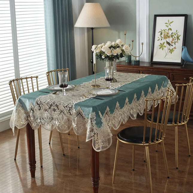 Luxury Velvet Tablecloth with Lace Trim — Embroidered European Style